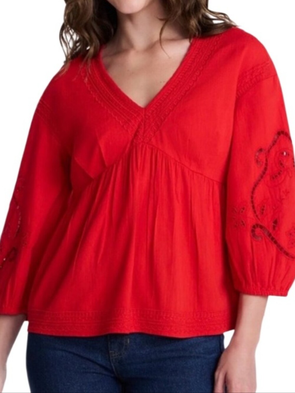 Women's Red V-Neck Embroidered Peasant Top Sz 22 Nwt